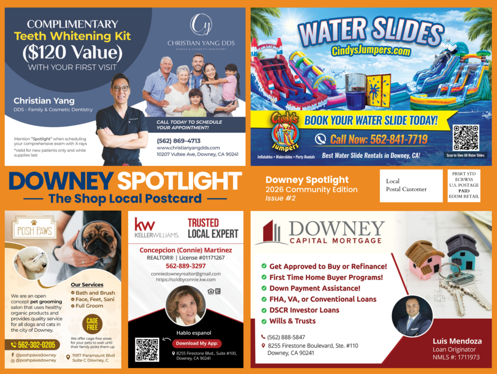 La Mirada Spotlight postcard with local business ads