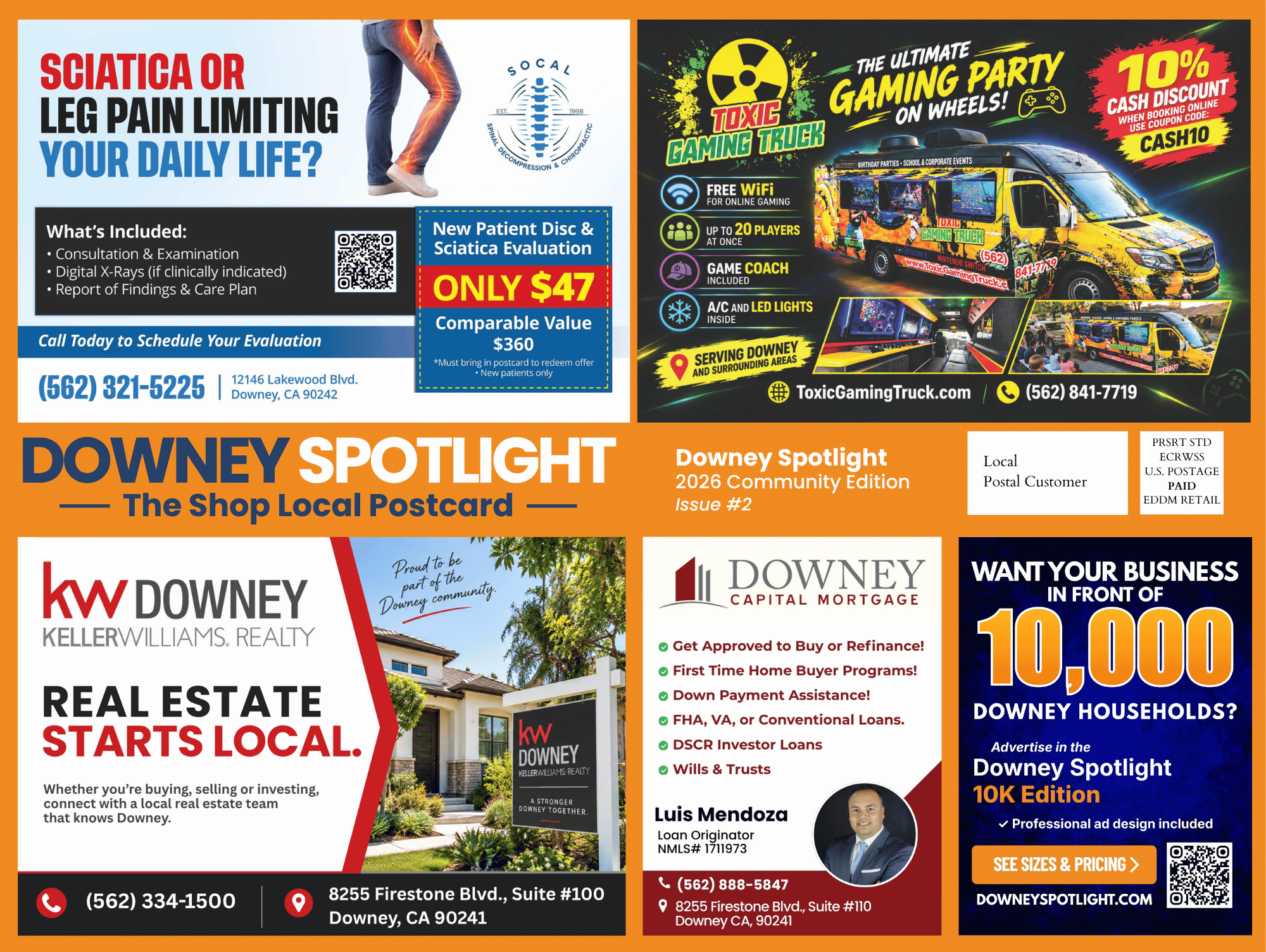 Downey Spotlight 9×12 community postcard featuring local businesses